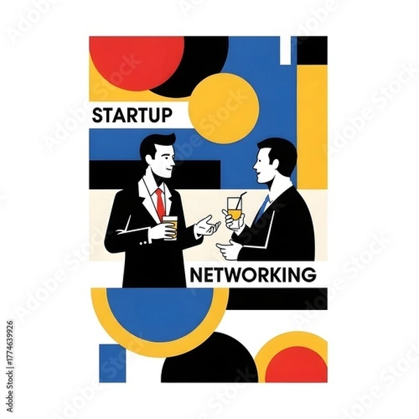 Fototapeta Two businessmen in suits engaging in a professional discussion at a networking event, illustrated in a modern abstract style with bold geometric shapes