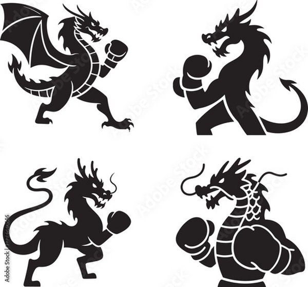 Obraz Dynamic Set of Chinese Dragon Boxing Silhouettes, Modern Vector Illustrations for Martial Arts and Fitness Logos