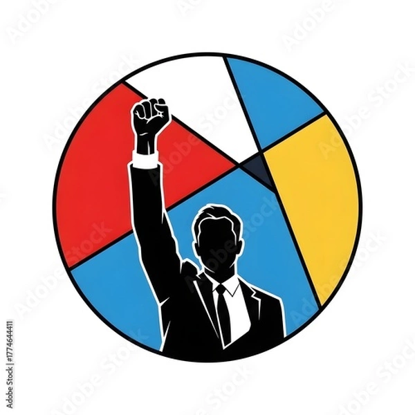 Fototapeta Empowered Individual Symbol Person Raising Fist in Colorful Abstract Globe, Leadership Concept