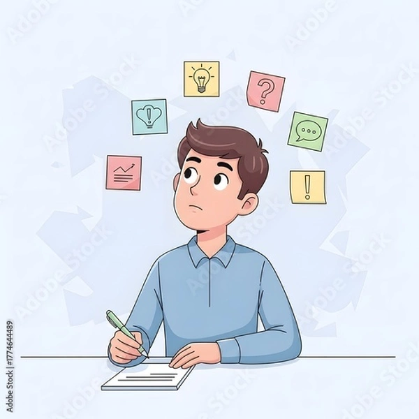 Obraz Young man deeply engrossed in a creative thinking process, surrounded by visual ideas and questions, symbolizing problem-solving, innovation, and strategic planning