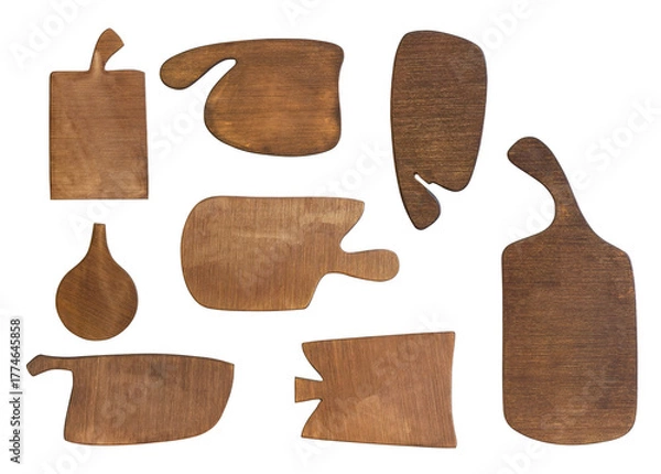 Fototapeta Group of wooden pizza or bread cutting board.  Rustic kitchen chopping boards collection