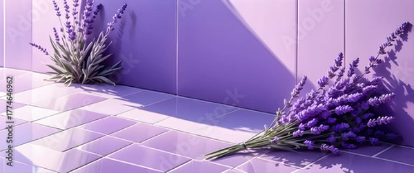 Fototapeta Two lavender bouquets on purple tiled floor. Lavender flowers lying in sunlight. Illustration of lavender bunches indoors. Fragrant lavender placed in soft purple space.