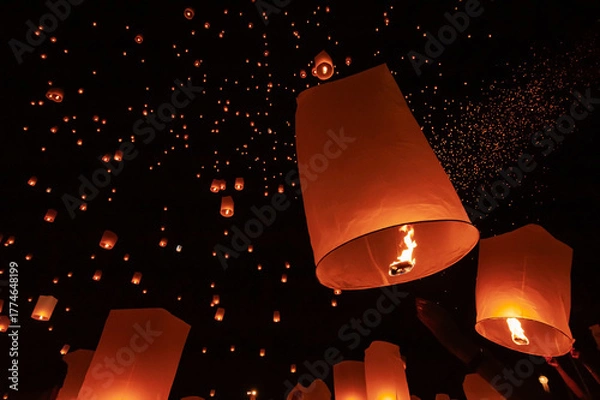 Obraz Floating lanterns take place during Thailand's Loi Krathong festival on the night of the full moon.