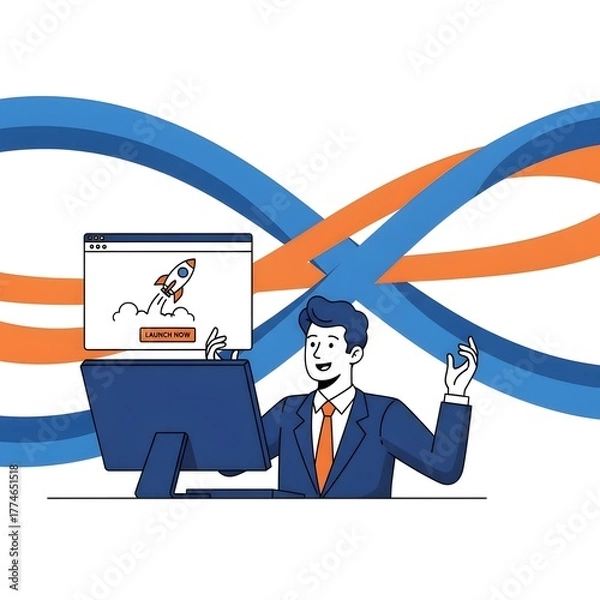 Fototapeta Successful Launch of New Product Man at Computer Celebrates Project Success