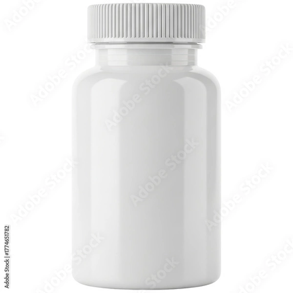 Fototapeta Blank white plastic bottle with ribbed cap for pills, vitamins, or supplements
