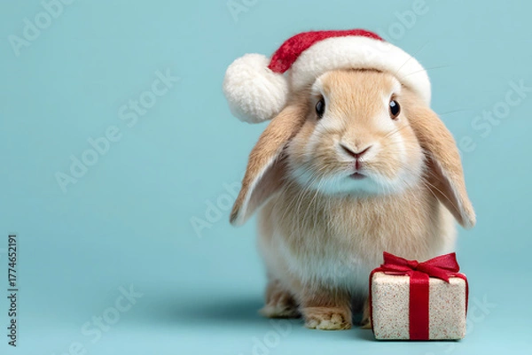 Obraz Cute rabbit in a Santa hat with a gift on a blue background