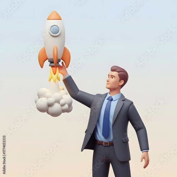 Obraz Businessman Launching Rocket Symbol of Success, Startup, and Innovation in Business and Finance