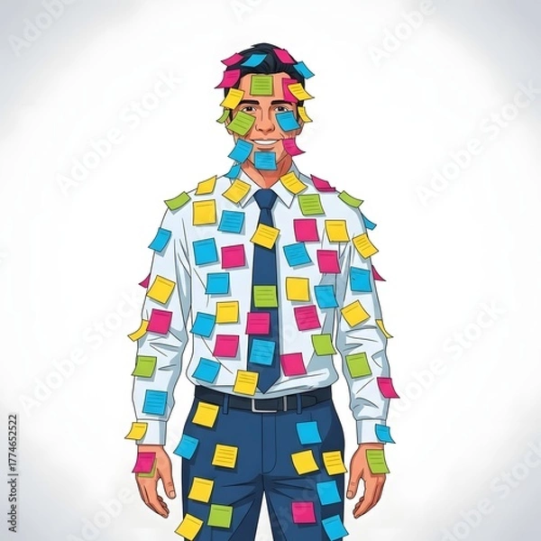 Obraz Overwhelmed businessman covered in sticky notes, symbolizing stress and a heavy workload with reminders of tasks