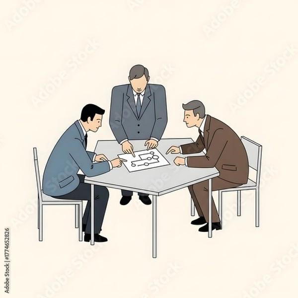 Obraz Three men in suits collaborate around a table, discussing a document, symbolizing teamwork and business strategy in a meeting