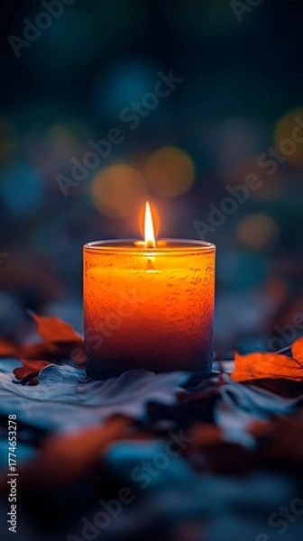 Obraz Glowing Orange Candle Flame Illuminating Fallen Leaves on Blue Ground in Nighttime Setting
