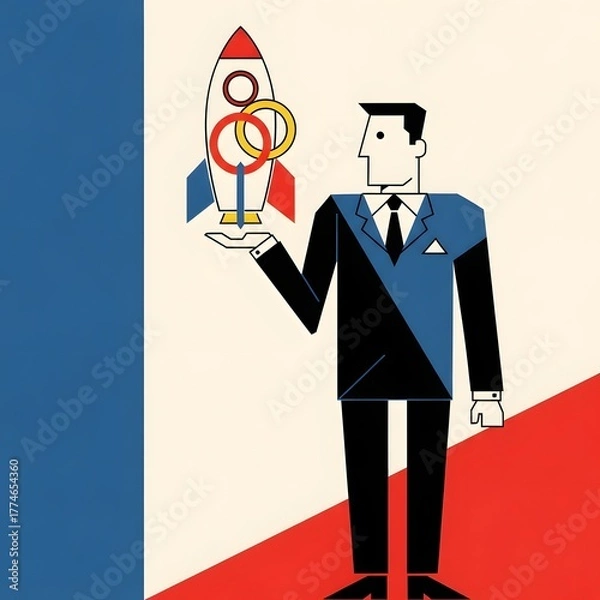 Obraz Conceptual illustration of a businessman holding a rocket, symbolizing a global launch, ambition, and national enterprise with a tricolor background