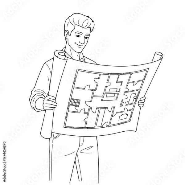 Obraz A smiling man holding and reviewing a blueprint of a house