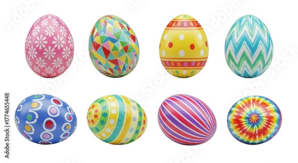 Obraz Collection of eight vibrantly decorated easter eggs isolated on transparent background