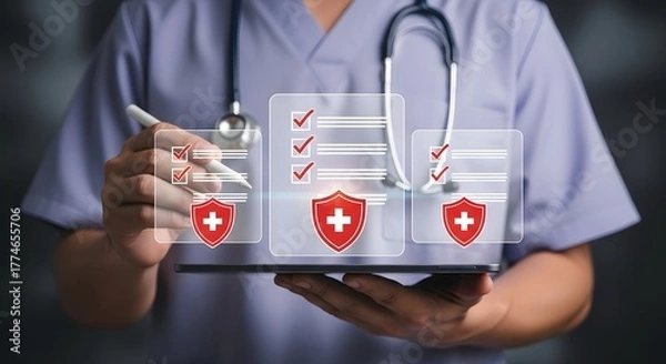 Fototapeta Health Insurance Healthcare professional utilizing a digital tablet to manage and verify patient health insurance coverage and medical records online