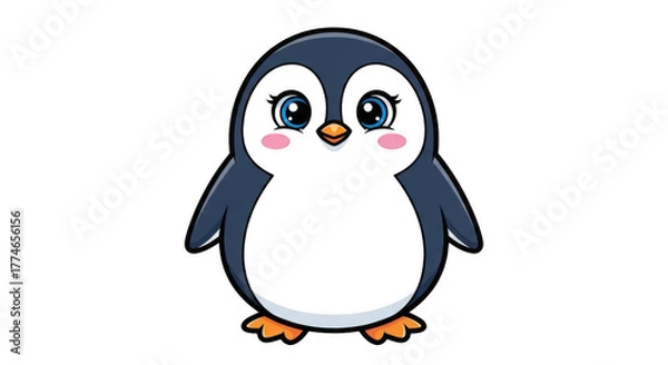 Obraz Cute cartoon penguin with big eyes and pink cheeks isolated on transparent background