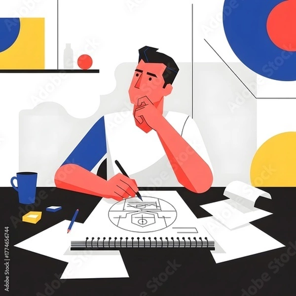 Obraz A focused creative professional meticulously sketching new project concepts and strategic plans, symbolizing innovative design and an efficient workflow in a modern, dynamic workspace