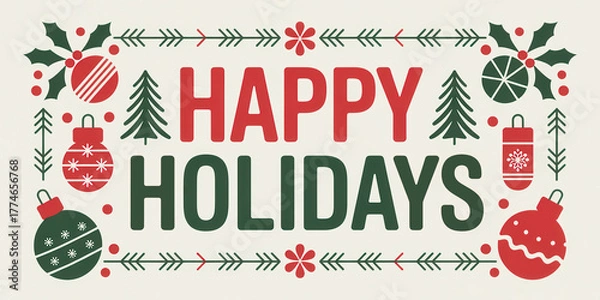 Fototapeta Happy holidays greeting message in red and green. Christmas banner or header illustration