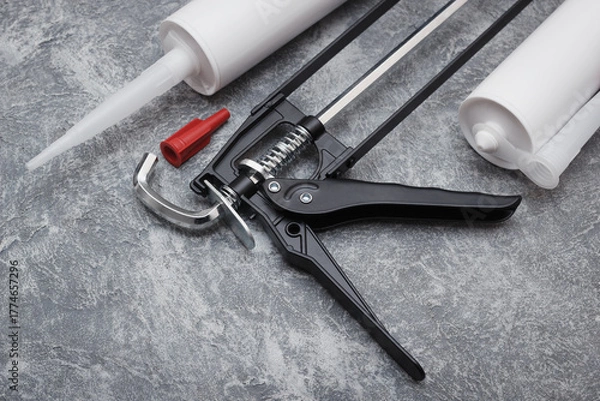 Fototapeta The sealant gun with spare tube or cartridges for caulking and home repair work. The adhesive sealing tools on gray background with copyspace area for captions.