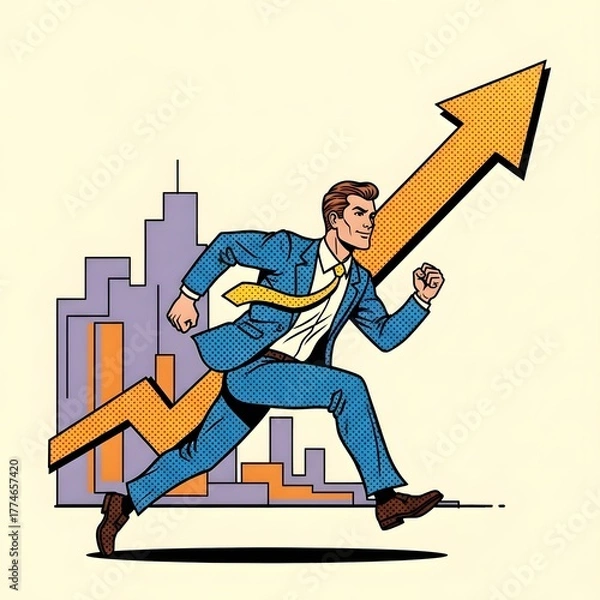 Obraz Businessman Running Upwards Along Arrow in Front of a City Skyline - Success & Growth Concept