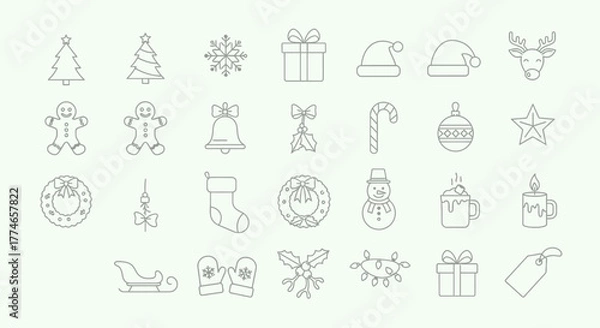Fototapeta Collection of outline icons representing Christmas elements, including a tree, snowflake, gifts, Santa hat, reindeer, and more.