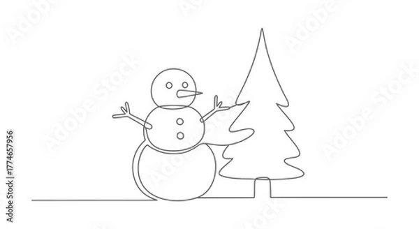 Fototapeta A simple line drawing of a snowman with a tree, depicting a winter scene with minimal detail.