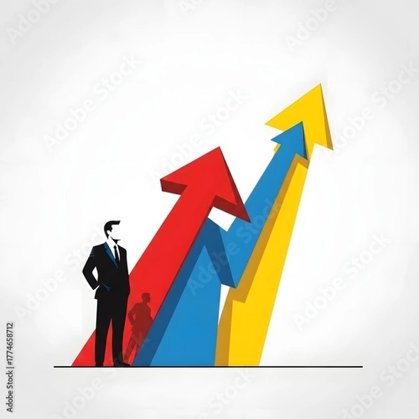 Obraz Dynamic visual of a confident businessman overseeing multicolored upward arrows, representing robust business growth, strategic success, market progress, and financial achievement