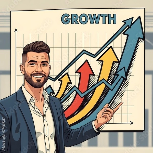 Obraz Confident businessman pointing at a financial growth chart with rising arrows symbolizing success and progress in business