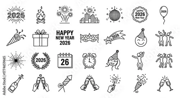 Obraz Happy New Year 2026 celebration icon collection with festive symbols like champagne, fireworks, and party poppers in a line art style