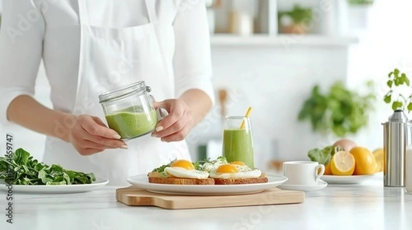 Fototapeta man preparing a nutritious breakfast of avocado toast, eggs, and a green smoothie in a bright modern kitchen
