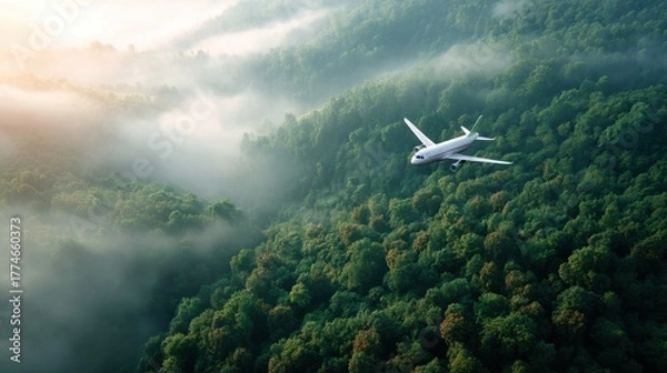 Fototapeta White passenger airplane flying above foggy green forest during sunrise. Aerial view of aircraft over mountain landscape for travel concept.