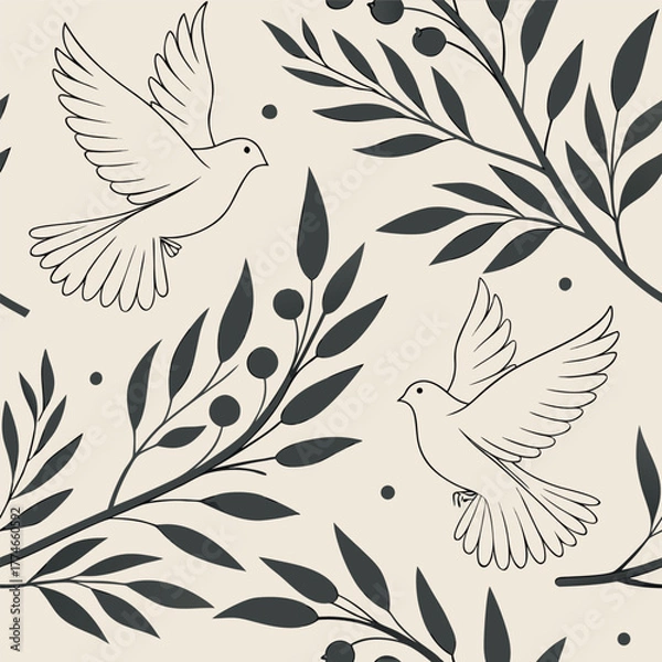 Fototapeta Peace Themed Seamless Pattern with Olive Branches and Symbols