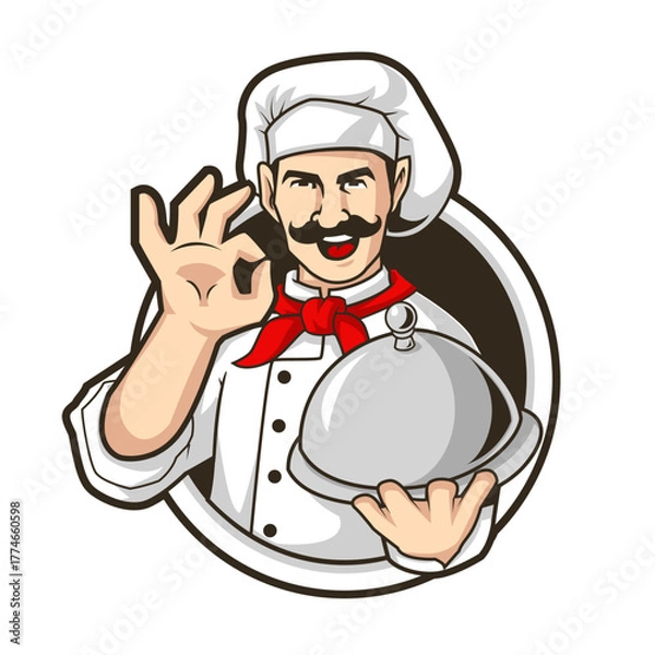 Obraz Chef Mascot Holding Serving Tray Giving OK Hand Sign