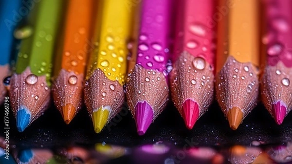 Obraz Macro Shot of Colorful Pencils with Water Droplets on a Dark Reflective Surface
