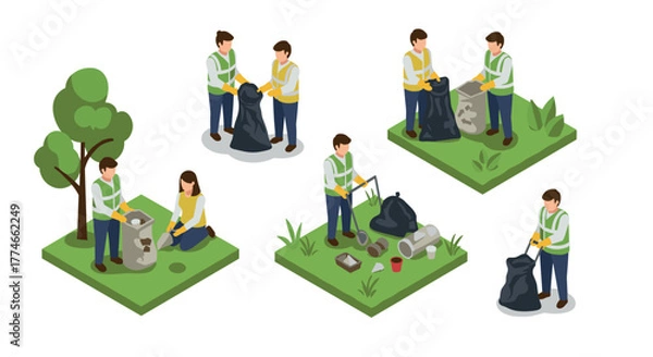 Fototapeta Isometric volunteers cleaning park: waste collection and recycling activities