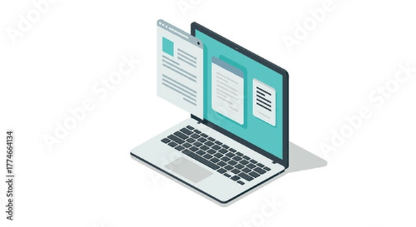 Obraz Isometric laptop with digital document and browser interface displayed