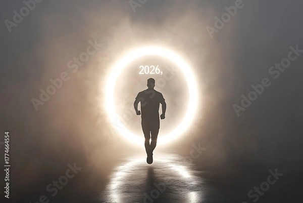 Fototapeta Man Running Towards 2026 Silhouette in Fog with Glowing Portal and Reflection