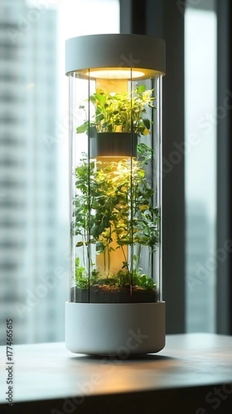 Fototapeta Modern Indoor Gardening System Clear Cylinder with Growing Plants, Artificial Light and Urban Background View