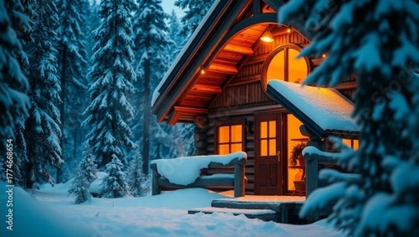 Obraz Cozy cabin glows warmly amid snowy winter wonderland