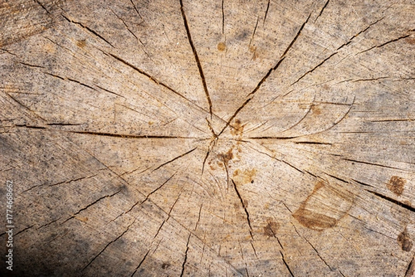 Obraz Analyzing aged timber surface patterns, Examination of weathered wood with growth rings and cracks