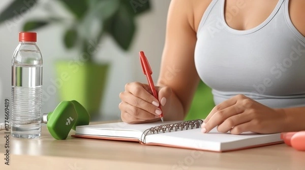 Fototapeta person writing in a fitness journal, tracking their goals and progress