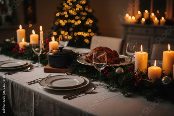 Fototapeta Festive dinner table with candles and pine branches, low light, cinematic mood