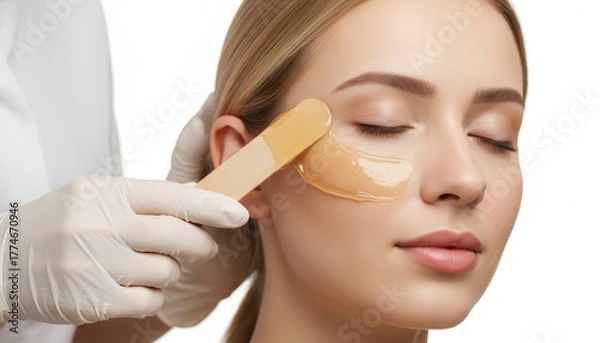 Fototapeta A woman with her eyes closed is getting a waxing treatment on her face. A beauty technician wearing white gloves is applying warm wax with a wooden spatula