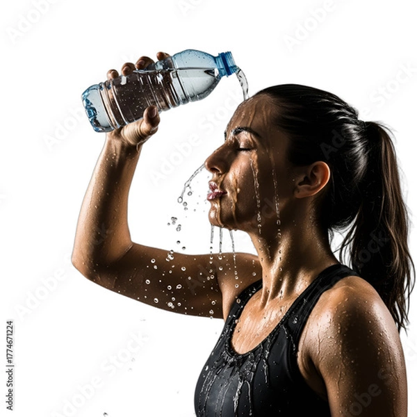 Obraz Active woman refreshing herself with cool bottled water after an intense workout, conveying hydration, energy, and summer relief for health campaigns, beverage ads, or fitness promotions,