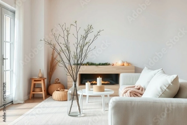 Obraz Elegant living room with cozy fireplace ambiance feeling