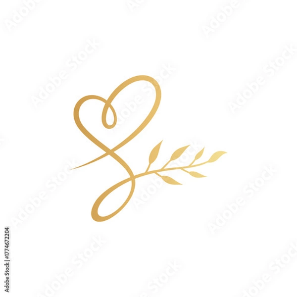 Fototapeta S letter logo design with heart and leaves. Golden luxury initial S vector icon