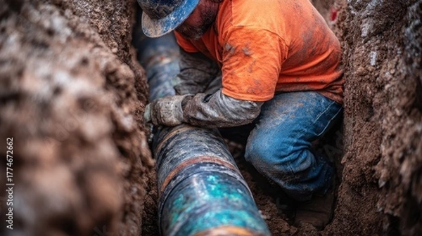 Fototapeta Worker in orange shirt and blue jeans carefully installs a pipeline in a trench while wearing a hard hat on a construction site