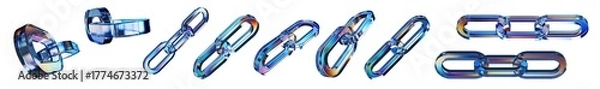 Fototapeta Set of 3d transparent glossy chain with dispersion effect. Rainbow colors reflection glass.3d glass link icon with crystal dispersion effect. Abstract empty glassy chain icon with prism holographic