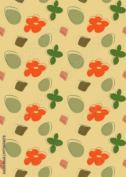 Fototapeta Stylized flowers, petals on a light yellow background form a seamless pattern for postcards, presentations, fabrics.