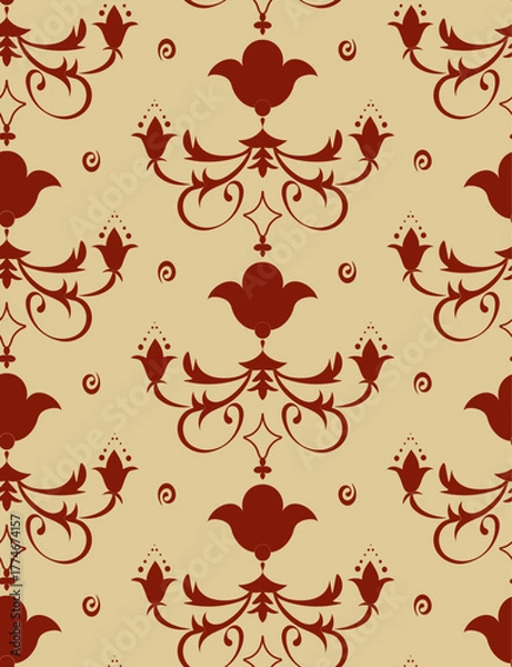 Fototapeta Seamless pattern with burgundy stylized flowers and leaves, reminiscent of ancient Russian painting, for printing on clothes, textiles, websites, presentations.