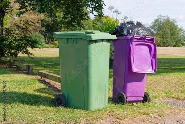 Fototapeta Wheelie bins in row for refuge collection outdoors